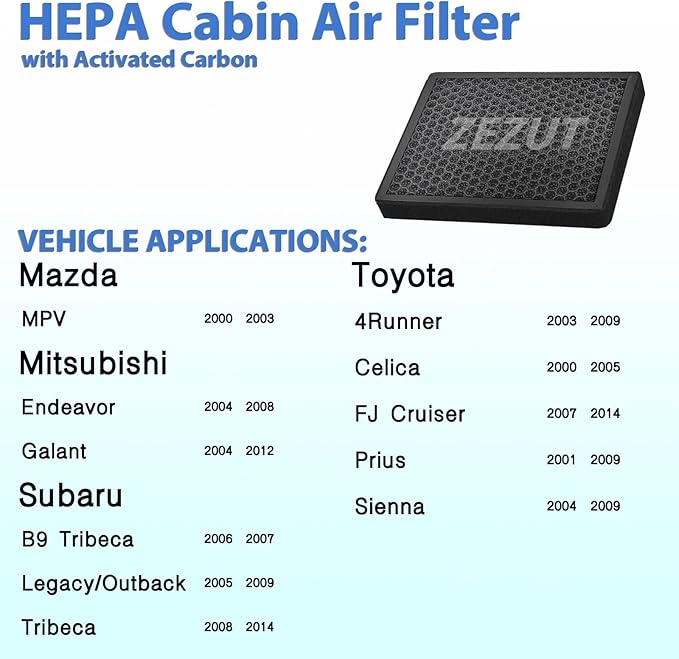 Cabin Air Filter, for Toyota Prius 2001–2009, Sienna LE 2004–2009, 4Runner 2003–2009, Endeavor, Galant, Tribeca, Legacy, with Activated Carbon Beads (CF9846A)