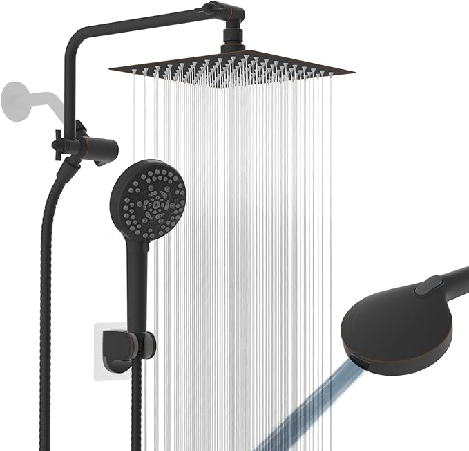 All Metal Shower Head, 8" High Pressure Rainfall/Handheld Shower Combo with 11" Extension Arm, 10-Spray Handheld Showerhead, 71" Long Hose, 3-Way Diverter Valve, Oil Rubbed Bronze