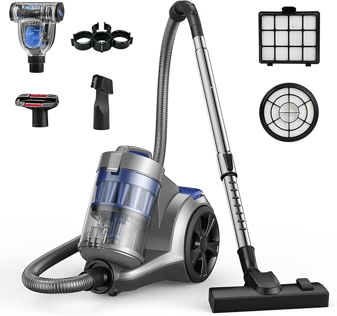 Aspiron 1700W Canister Vacuum Cleaner, 45Kpa Bagless Vacuum Cleaner, Multi-Cyclonic Filtration, 2 Anti-Allergen HEPA Filters, 3.5QT Dust Cup, 4 Tools, No Hair Tangles for Hard Floor, Pet Hair, Navy