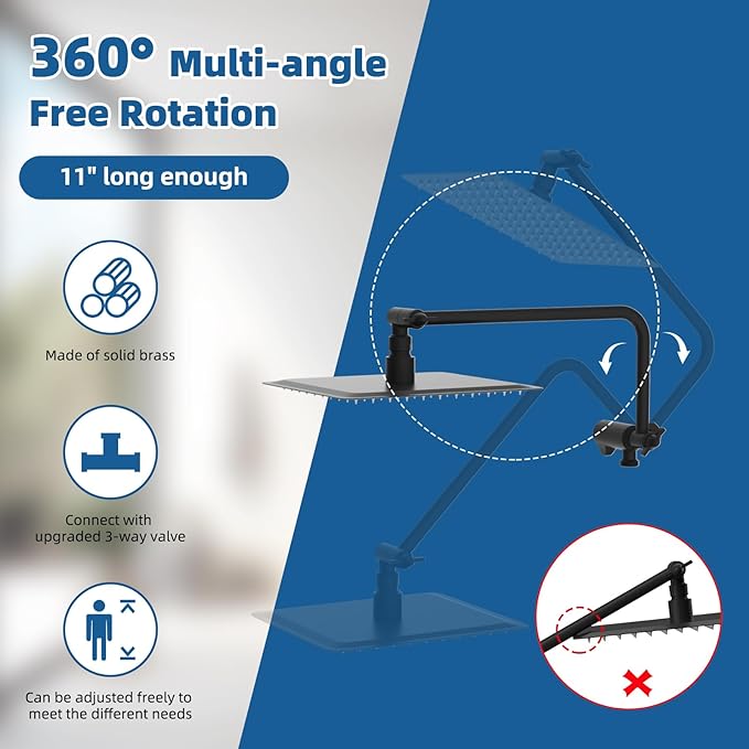 12" All Metal Shower Head, High Pressure Rainfall Shower Head/Handheld Showerhead Combo with 11" Adjustable Shower Extension Arm, 71" Hose, Shower Head Holder, Matte Black