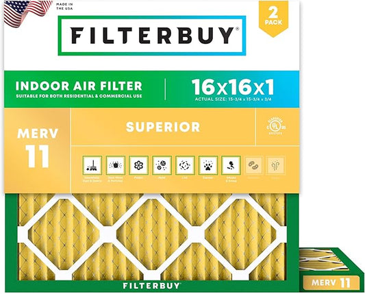 Filterbuy 16x16x1 Air Filter MERV 11 Superior Pet & Allergy Defense (2-Pack), Electrostatic Pleated HVAC AC Furnace Filters Replacement, Made in USA (Actual Size: 15.75 x 15.75 x 0.75)