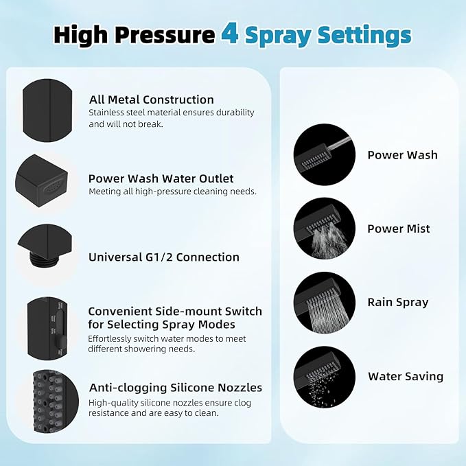 Hibbent cUPU Certified High Pressure 10'' Rainfall Shower Head, Showerhead Combo with 4-mode Handheld Spray, 12'' Adjustable Extension Arm, Extension Bar, Easy Reach Holder, 71'' Hose, Matte Black