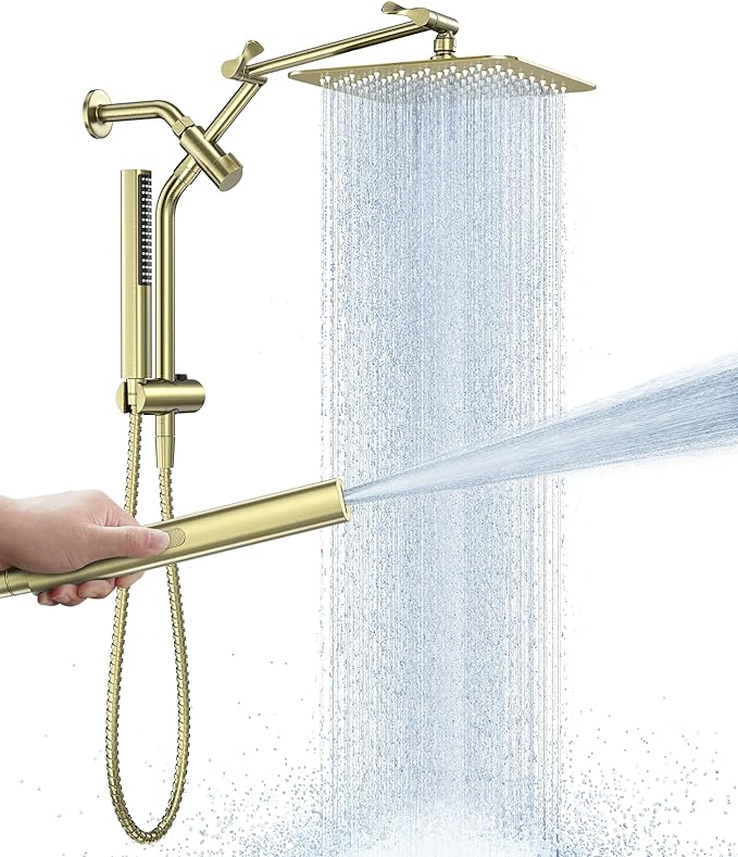 Veken All Metal 10" Brushed Gold Shower Head with Handheld, Luxurious Square Double Rain Shower Heads with Spray Combo, Dual High Pressure Detachable Rainfall Showerhead with Extension Arm, Long Hose