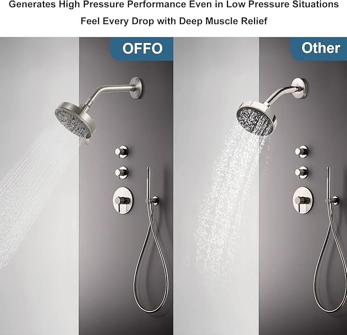 OFFO Shower Head, High Pressure Shower Head with Pause Mode, 9 Mode Fixed Showerheads for Strong Water Flow & Relaxing Shower Experience, Brushed Nickel