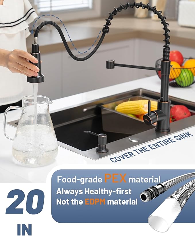 APPASO Bronze Kitchen Faucet with Soap Dispenser, ORB Pull Down Kitchen Sink Faucet, SUS304 Stainless Steel Single Handle High Arc Spring Faucet, Oil Rubbed Bronze