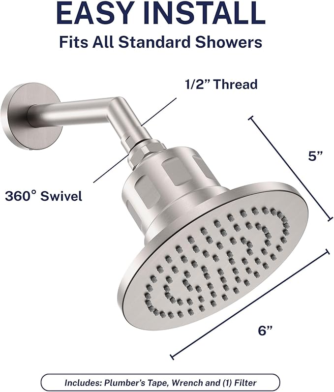 Gillian™ by HammerHead High Pressure Shower Head with Filter – Genuine KDF-55 Filtered Shower Head for Hard Water, Healthier Skin & Hair – Metal 6-Inch Rainfall Showerhead with Filters, Brushed Nickel