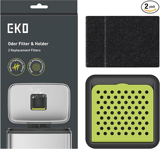 EKO Activated Charcoal Odor Filter Kit – 2-Pack Strong Odor Absorber and Deodorizer with Filter Case for Trash Cans