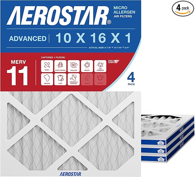 Aerostar 10x16x1 MERV 11 Pleated Air Filter, 4 Pack, AC Furnace Filters, HVAC Filter, Air Conditioner Filters, Heater Filters Replacement for Home (Actual Size: 9.875x15.875x0.75)