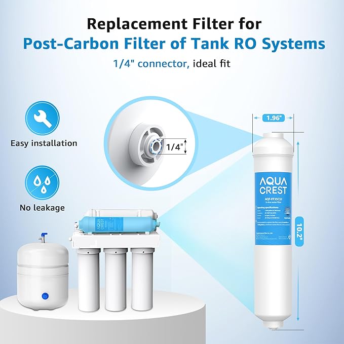 AQUA CREST FF35C5J Inline Water Filter Replacement, 1/4 Quick-Connect Replacement for Refrigerator, NSF/ANSI 42 Certified, Post-Carbon Filter for Reverse Osmosis Systems, 6-12 Months (NO Fittings)