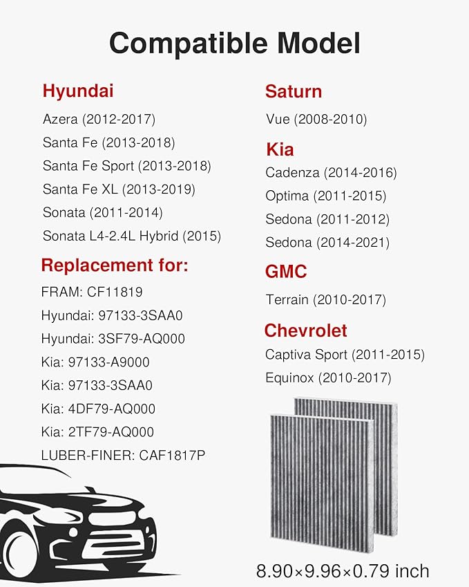 Puroma Cabin Air Filter with Activated Carbon, Replacement for CF11819, Hyundai Azera, Santa Fe, Sonata, Chevrolet Captiva Sport, Equinox, GMC Terrain, Kia Cadenza, Optima, Sedona, Saturn Vue