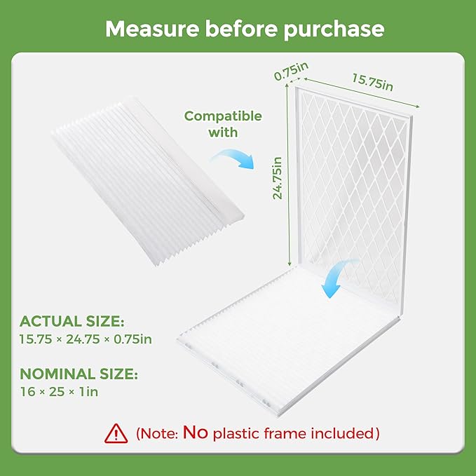 Pack of 6 Refills Filter Media, Compatible with Reusable ABS Plastic Frame HVAC, Furnace & AC System – MERV 8 Efficiency, Easy to Replace (ABS Frame Not Included) (16x25x1in)