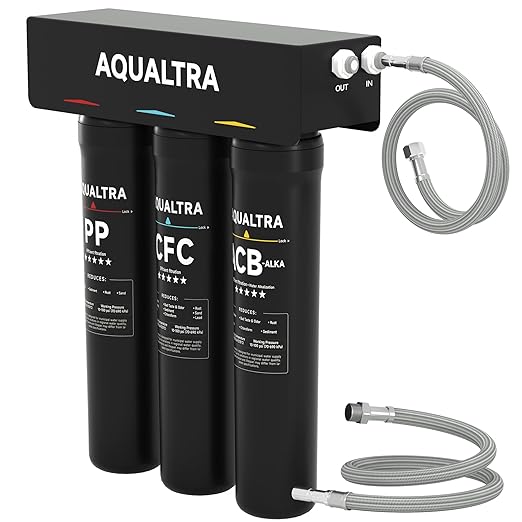 AQUALTRA USF-3B-15 Slightly Alkaline Under Sink Water Filter System, 8K-40K Gal, Reduce PFOA, PFOS, Chlorine, Lead, Mercury, Chloramine, Fluoride, Microplastics Particles, Bad Taste & Odor