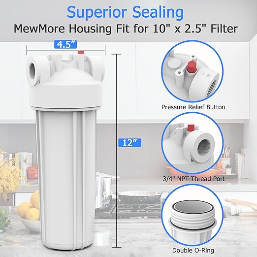 FHW10 Whole House Water Filter Housing, Fit 10"x2.5" Sediment etc Filters for Well and City Water, Pre-Filtration System for Home, 3/4" NPT Port, Pressure Release