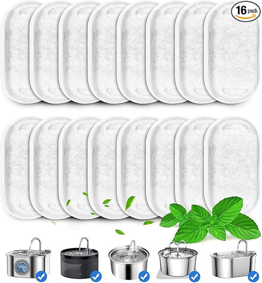16 Pack Replacement Filters for Cat/Dog Water Fountain - Stainless Steel, 67oz/2L Adjustable Water Flow, Super Quiet