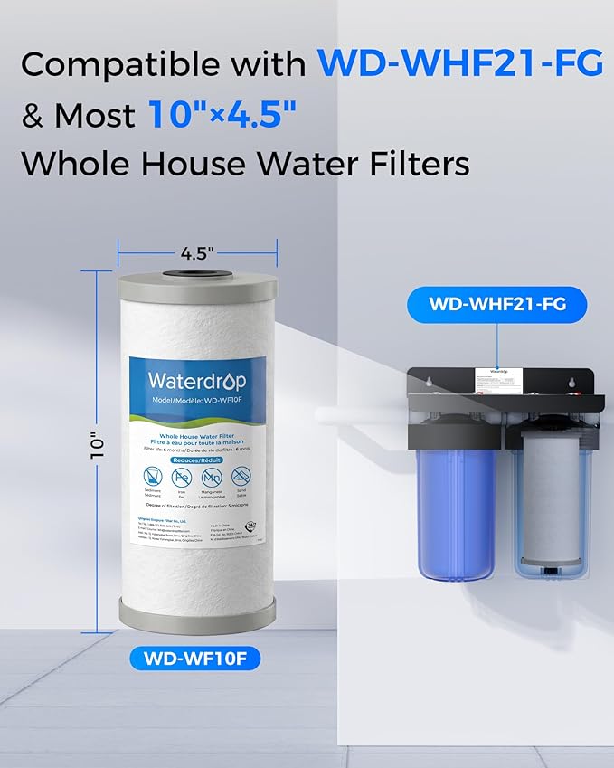 Waterdrop WF10F Whole House Water Filter, Iron Filter, Compatible with WHF21-FG, Reduces Iron & Manganese Filter Cartridge, 6 Months, 2 Pack