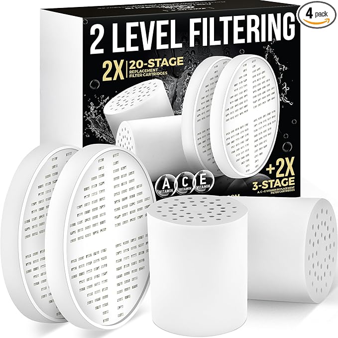 AquaHomeGroup 20 Stage + Vitamin C E and A Shower Filter Cartridge Bundle 2-Pack - Reduces Chlorine, Heavy Metals and Sediment - No Housing
