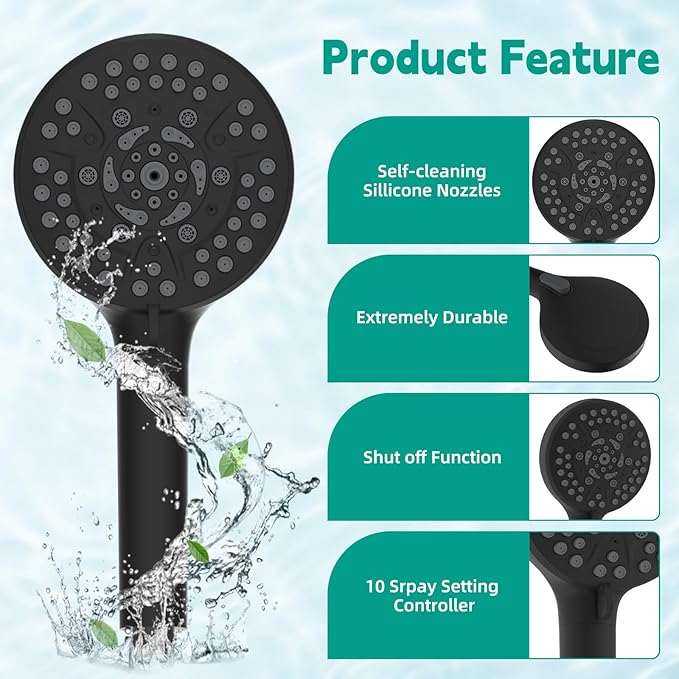 Hibbent Filtered Shower Head with Handheld, High Pressure 10 Spray Showerhead with 3 Filters, Water Softener for Hard Water-Remove Chlorine, Reduces Dry Itchy Skin, Improve Skin& Hair Texture, Black