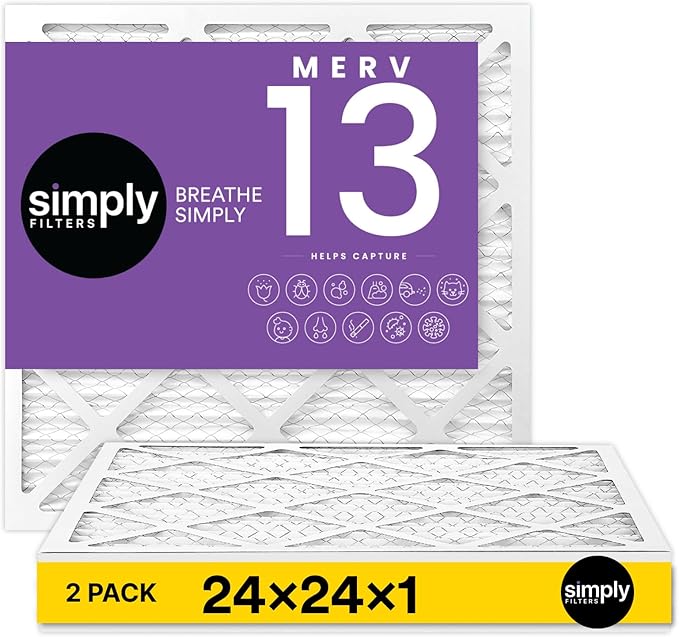 Simply 24x24x1 Air Filter, MERV 13, 2 Pack, For Home AC Furnace & HVAC (Actual Size: 23.75"x23.75"x0.75") DUST, Pet & Allergy Control