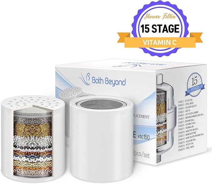15-Stage Shower Filter Replacement Cartridge (Pack of 2) Shower Filter w/Vitamin C for Hard Water - Shower Water Filter Removes Chlorine Fluoride/Improves Condition of Your Skin, Hair