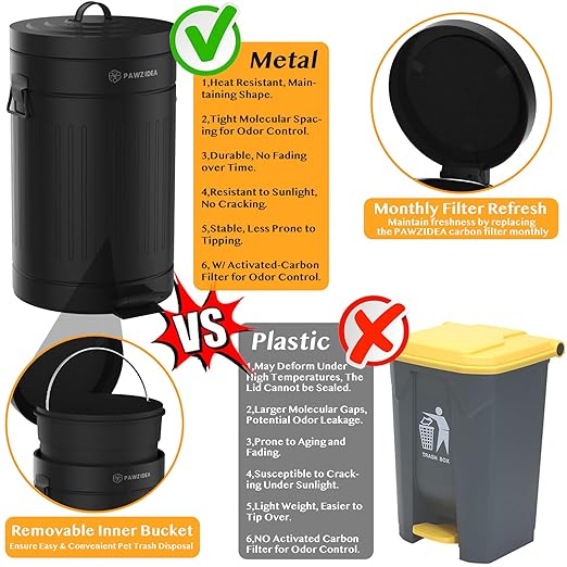 PAWZIDEA Dog Poop Trash Can Outside Odor Control, 3.1 Gallon Outdoor Trash Can with Lid, Waterproof Pet Waste Disposal Container, Small Poop Bin Step Garbage Can, 7.8in Activated Carbon Filter, Black