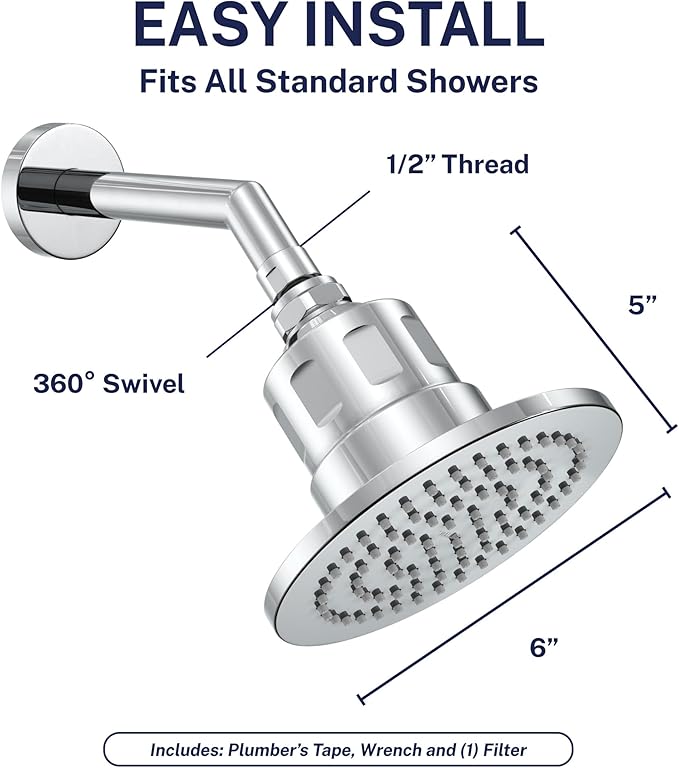 Gillian™ by HammerHead High Pressure Shower Head with Filter – Genuine KDF-55 Filtered Shower Head for Hard Water, Healthier Skin & Hair – Metal 6-Inch Rainfall Showerhead with Filters, Chrome