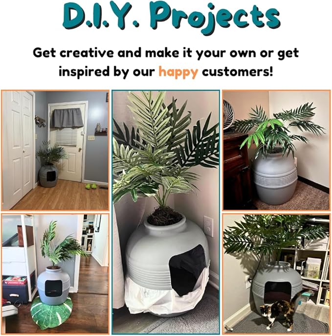 Good Pet Stuff Hidden Litter Box Planter, Decorative Cat Litter Enclosure with Carbon Filter & Faux Plant, Made in USA, Removable Liner, Odor Control, NEW Round Style, Essentials Kit, Pebble Gray