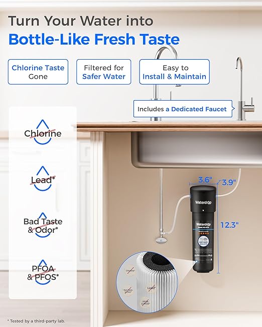 Waterdrop 10UB Under Sink Water Filter System, Reduces PFAS, PFOA/PFOS, Lead, Chlorine, Bad Taste & Odor, NSF/ANSI 42 Certified, Under Sink Water Filter with Faucet, 1 Year