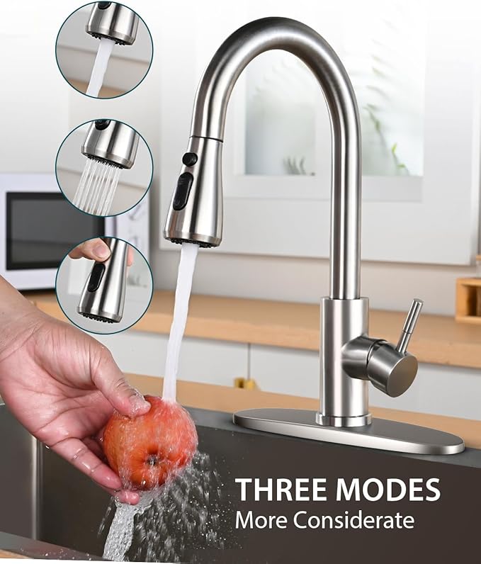 Hiqufet Kitchen Sink Faucet with Pull Down Sprayer with Deck Plate, Brushed Nickel High ArcFaucet, Stainless Steel Modern RV Bar Sink Faucets for Pot Filler, Farmhouse Camper Bar Laundry Room