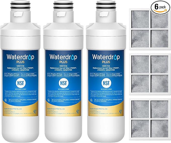 Waterdrop Plus LT1000PC ADQ747935 NSF 401 Refrigerator Water Filter and Air Filter, Reduce PFAS, Replacement for LG® LT1000P®, LRFWS2906V, LRMVS3006S, LMWS27626 and LT120F®, 3 Combo