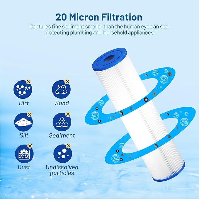 Whole House 20 Micron 10" x 2.5" Pleated Sediment Well Water Filter Cartridge Replacement for W20CLA, S1A, S1, ECP20-10, SPC-25-1020, AO-WH-PRE-RP2, PE-F10-20 & Cold Plunge Water Chiller (Pack of 6)