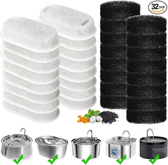Cat Water Fountain Filter, 32-Pack Filters Replacement for 67oz/2L & 108oz/3.2L Stainless Steel Cat Water Fountain, 4-Layer Filtration Pet Filter (16 Filters & 16 Sponges)
