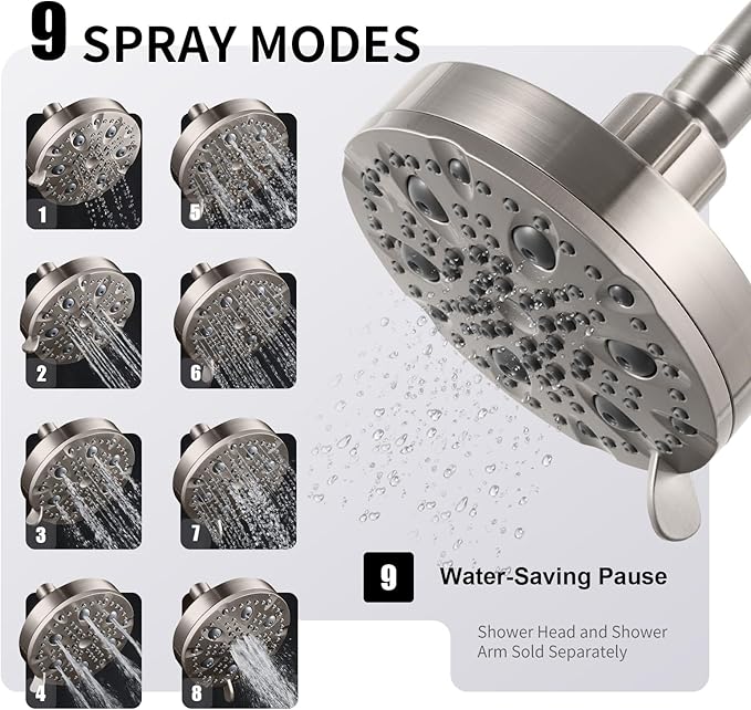 OFFO Shower Head, High Pressure Shower Head with Pause Mode, 9 Mode Fixed Showerheads for Strong Water Flow & Relaxing Shower Experience, Brushed Nickel
