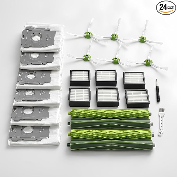 Replacement Parts & Accessories for iRobot E, I & J Series, Combo i5, j5 Series Robot Vacuum, 2 Dual Multi-Surface Rubber Brushes & 6 HEPA Filter & 6 Edge-Sweeping Brushes & 6 Disposable Bags