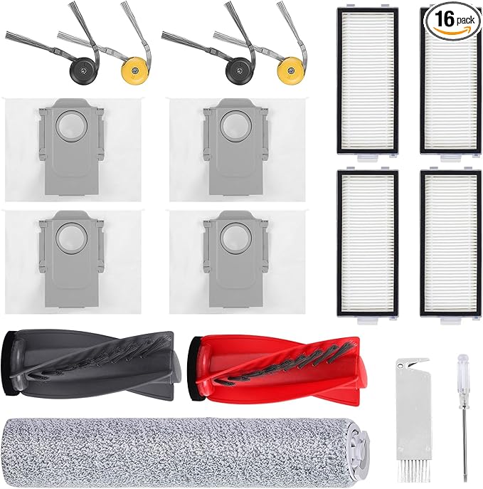 Accessories Replacement Kit for Roborock Qrevo Curv 2 Flow Robot Vacuum, 1 Main Brush, 1 Mop Rollers, 4 Filters, 4 Side Brushes, 4 Dust Bags, 1 Cleaning Tool