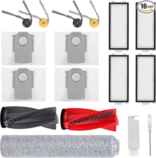 Accessories Replacement Kit for Roborock Qrevo Curv 2 Flow Robot Vacuum, 1 Main Brush, 1 Mop Rollers, 4 Filters, 4 Side Brushes, 4 Dust Bags, 1 Cleaning Tool