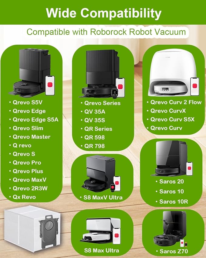 ApexOne 18 Pack Dust Bags for Roborock QV 35A, Qrevo S5V, Saros 20/10/10R/Z70, Qrevo Series, Qrevo Edge S5A, Qrevo Curv 2 Flow/CurvX/Curv/Curv S5X, S8 MaxV Ultra Robot Vacuum Cleaner, 3.2L Capacity