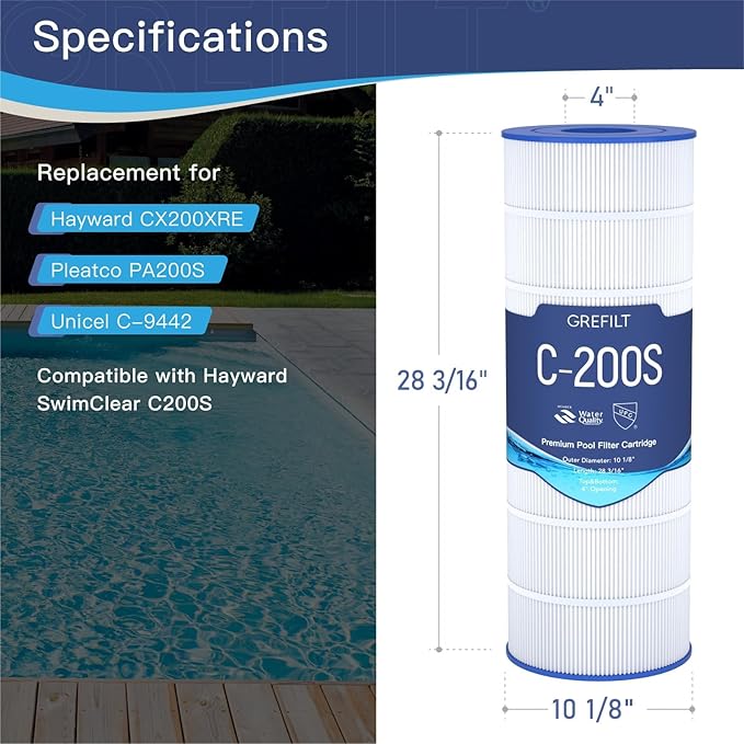 C200S Pool Filter Cartridge, Compatible with Hayward CS200E, CX200XRE, Replaces Pleatco PA200S, Ultral-D5, 200 sq. ft