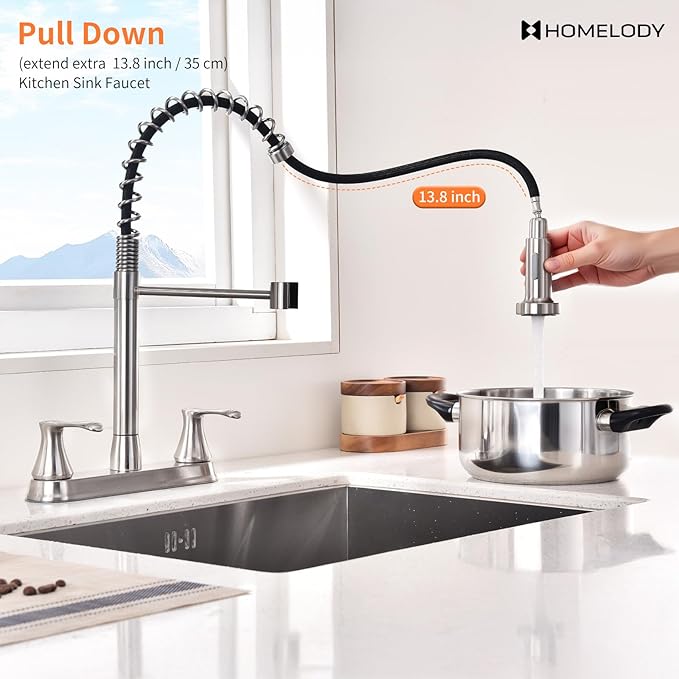 HOMELODY 2 Handles Kitchen Faucet with Pull Down Sprayer for 3 Hole Sink, 360° Rotating Spout Commercial 2 Handle Stainless Steel Kitchen Faucets with Deck Plate Brush Nickel