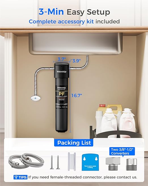 Waterdrop 15UA-PF Under Sink Water Filter, Reduce 80+ Impurities, 99.9% PFOA, 99.8% PFOS, 96% Chloramine, Fluoride, VOCs, Chloroform, Connects Directly to Your Faucet (Filter: RF15-PF)