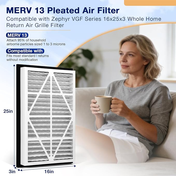 2Pack 16x25x3 MERV13 air Filter Pleated Whole House Return Grille Filter Replacements are perfectly compatible with the Zephyr VGF Series 16x25x3 Whole House Return Grille Filter