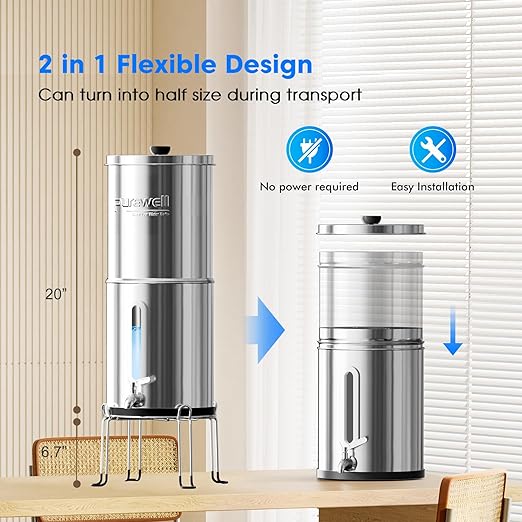 Purewell Upgraded 9-Stage Gravity Water Filter System with Water Level Window, 0.01μm Ultra-Filtration Countertop System with 2 Filters and Stand, Reduce Fluoride & Chlorine, BO-FL-2.25G