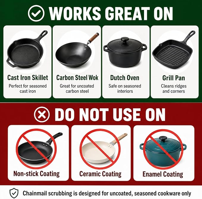 Cast Iron Scrubber and Scraper | 316 Chainmail Scrubber for Cast Iron Pan Skillet Cleaner | Chain Mail Scrubber for Dishes Pots Wok Griddle Grill | Dish Scouring Pad Dishwasher Safe, Black 02
