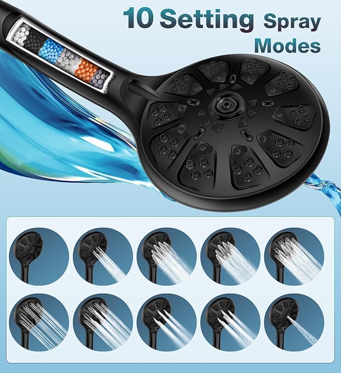 Dual Filtered Rain Shower Head Combo, High Pressure 10 Modes Handheld Shower Head Built in Water Filtration, 6 inch Rainfall Shower Head with Filter for Hard Water, Black