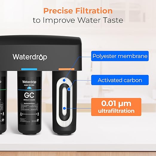Waterdrop WD-TSA-UF 0.01 μm Ultra Filtration Under Sink Water Filter, 9 Stage Under Sink Water Filtration System, Reduces Chlorine, Taste and Odor, Fluoride, Connects Directly to Your Faucet