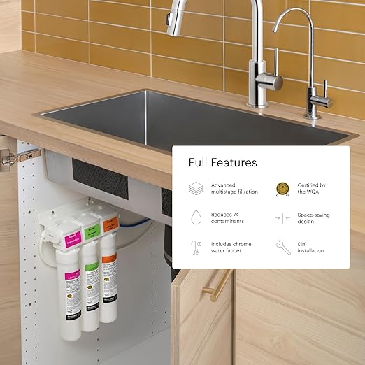 Brondell Coral UC300 Under Sink Water Filtration System – Reduces PFAS, Lead, & Chlorine in Drinking Water, Water Purifier with Designer Chrome Faucet – Quick Change Filter, WQA Gold Seal-Certified