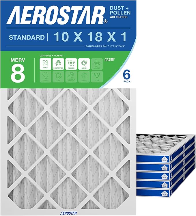 Aerostar 10x18x1 MERV 8 Pleated Air Filter, 6 Pack, AC Furnace Filters, HVAC Filter, Air Conditioner Filters, Heater Filters Replacement for Home (Actual Size: 9.75x17.875x0.75)