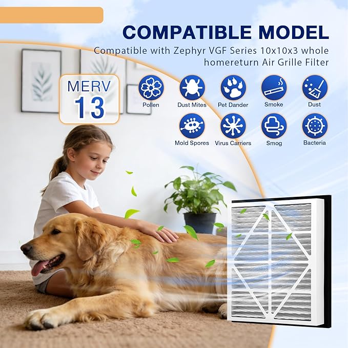 2Pack 10x10x3 MERV13 air Filter Pleated Whole House Return Grille Filter Replacements are perfectly compatible with the Zephyr VGF Series 10x10x3 Whole House Return Grille Filter