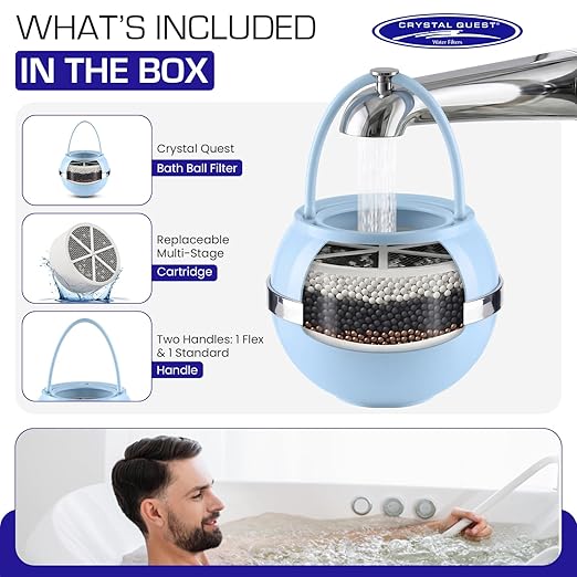 Crystal Quest Bath Ball Filter for Tub Faucet, Bathtub Water Filter, BPA-Free Bathtub Filter, Removes Chlorine, Lead & Impurities, Improves Skin, Hair & Nails, Long Lasting, Fits Most Tubs - Blue