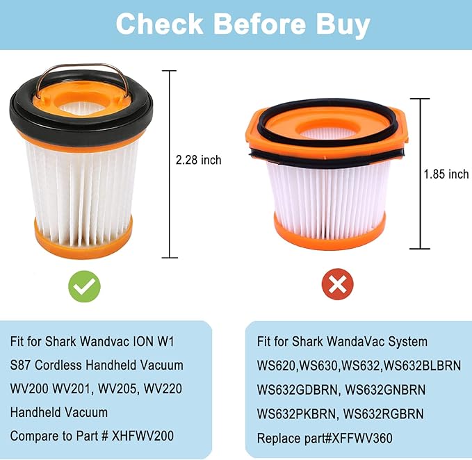 8 Pack WV201 Vacuum Filters Replacement for Shark Wandvac ION W1 S87 Cordless Handheld Vacuum WV200, WV201, WV205, WV220 Handheld Vacuum, 8 Pack Vacuum Filters, Compare to Part # XHFWV200