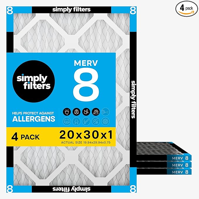 Simply 20x30x1 Air Filter, Merv 8, 4 Pack, For Home AC Furnace & HVAC (Actual Size: 19.94"x29.94"x0.75") DUST, Pet & Allergy Control,